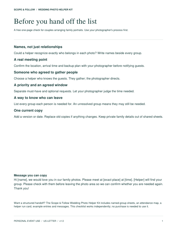 Preview of the free checklist: names, meeting point, helper, priorities, guest availability and one current copy.