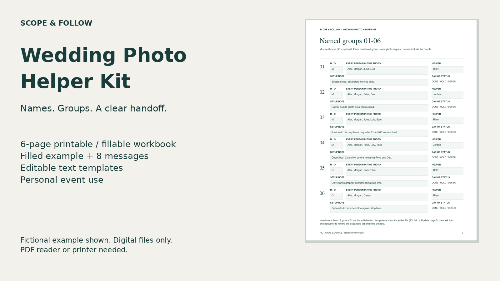 Wedding Photo Helper Kit product preview, with a fictional filled group-list example.
